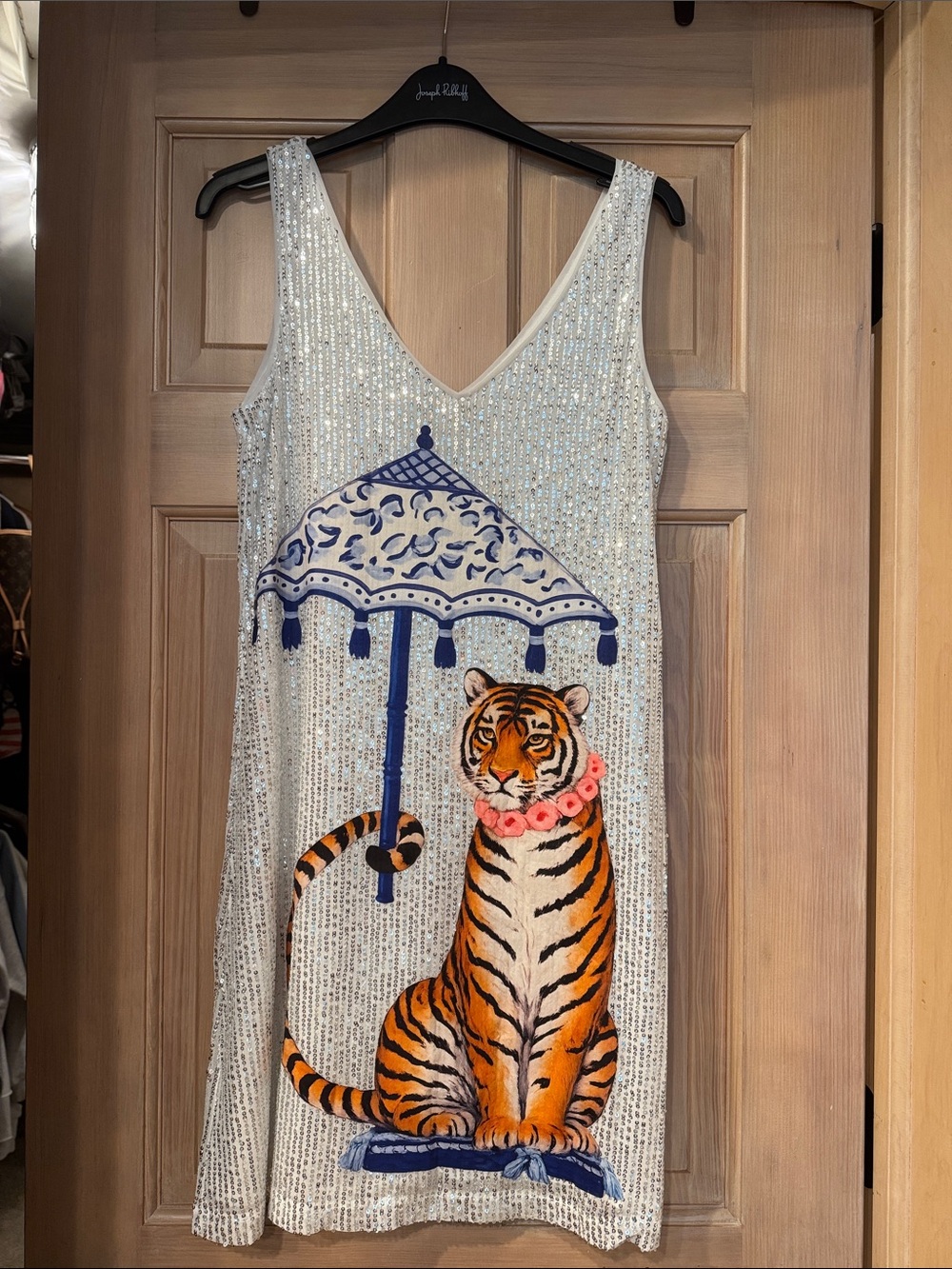 NWOT - Judith March Sequin One-Piece with Tiger and Parasol - White & Orange
